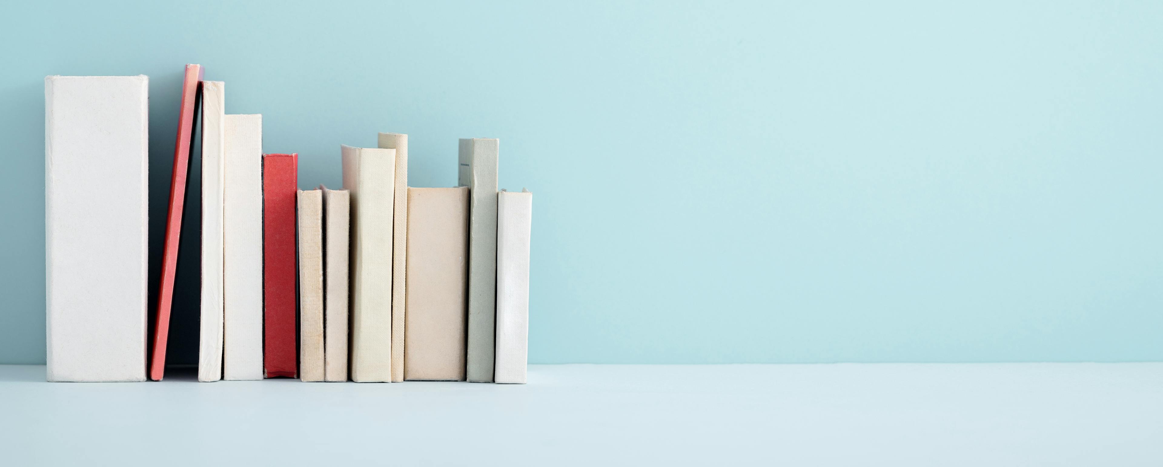 Books on shelf with light blue wall.